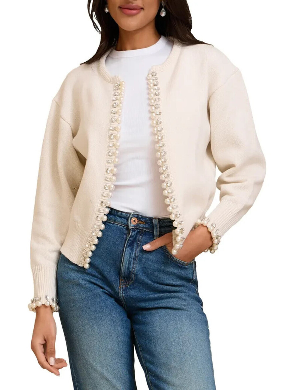 NEW, SAACHI Faux Pearl & Crystal Cardigan in Ivory One Size #T4031